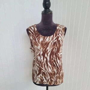 Talbots Women's Brown White Print Knit Stretch Sleeveless Shirt Top Sweater Sz L
